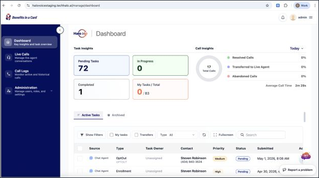 Benefits In A Card support dashboard screenshot